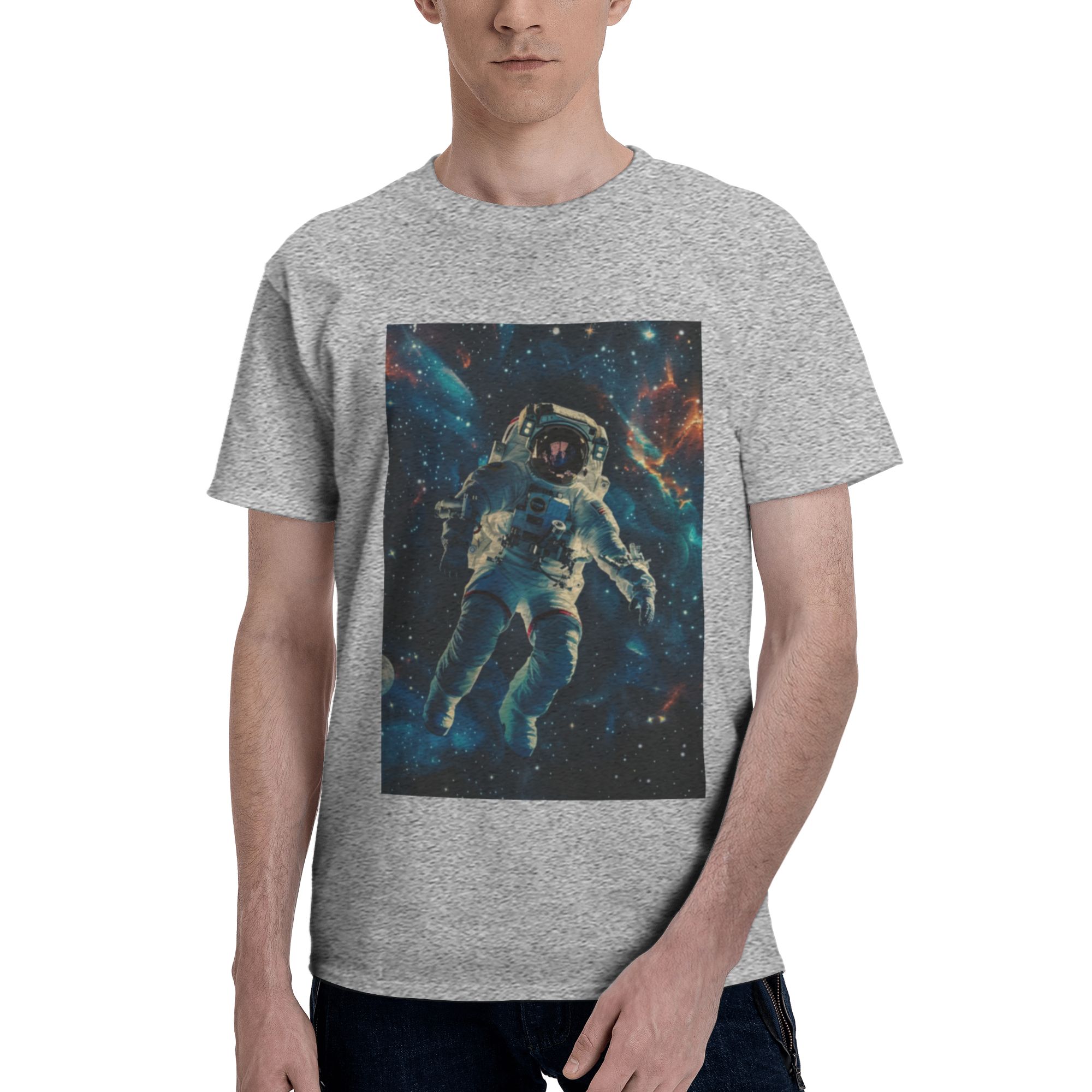 Astronaut Space Walk Print Short Sleeve T-Shirt - Grey