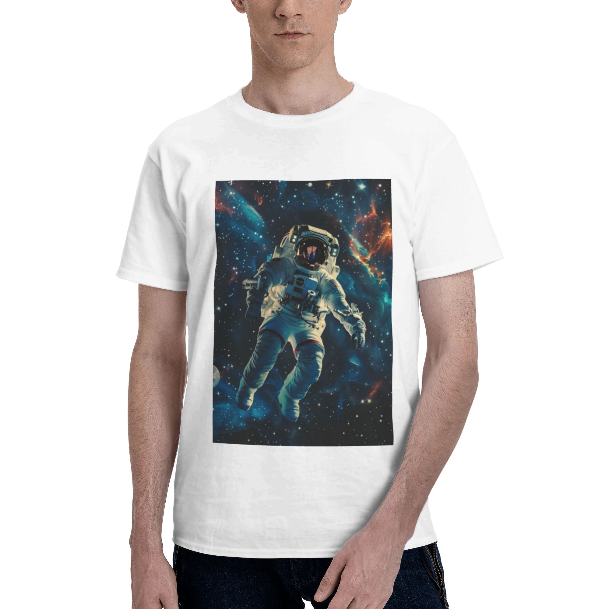 Black cotton T-shirt with astronaut space adventure pattern