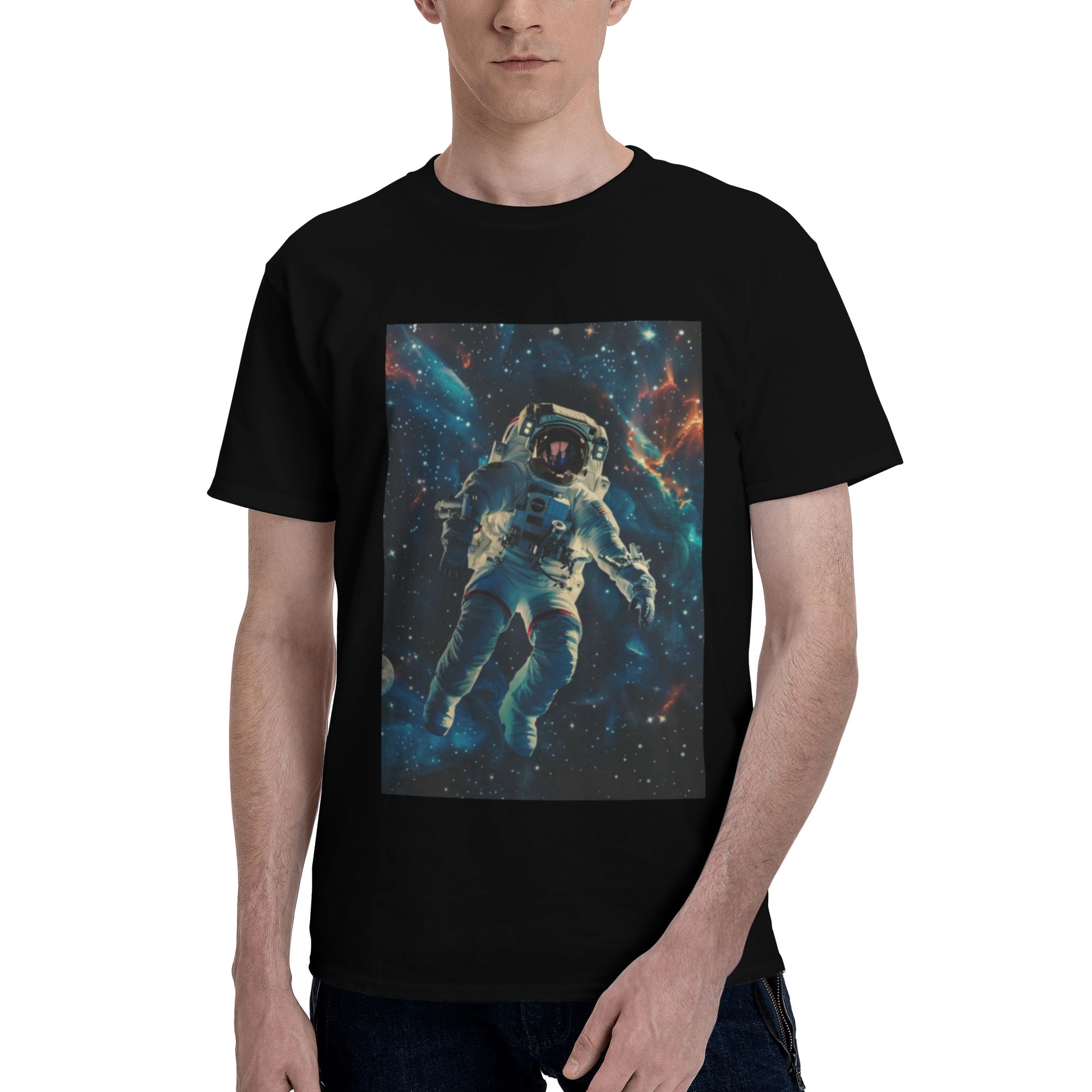 Black cotton T-shirt with astronaut space adventure pattern