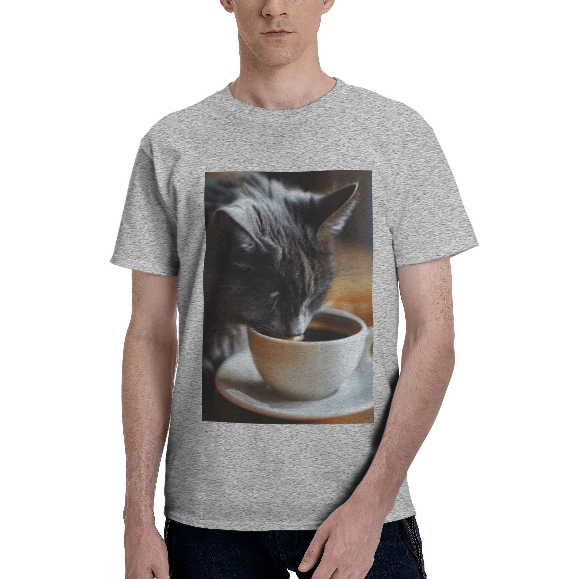 Cat Cafe Time Printed Cotton Short Sleeve T-Shirt - Gray