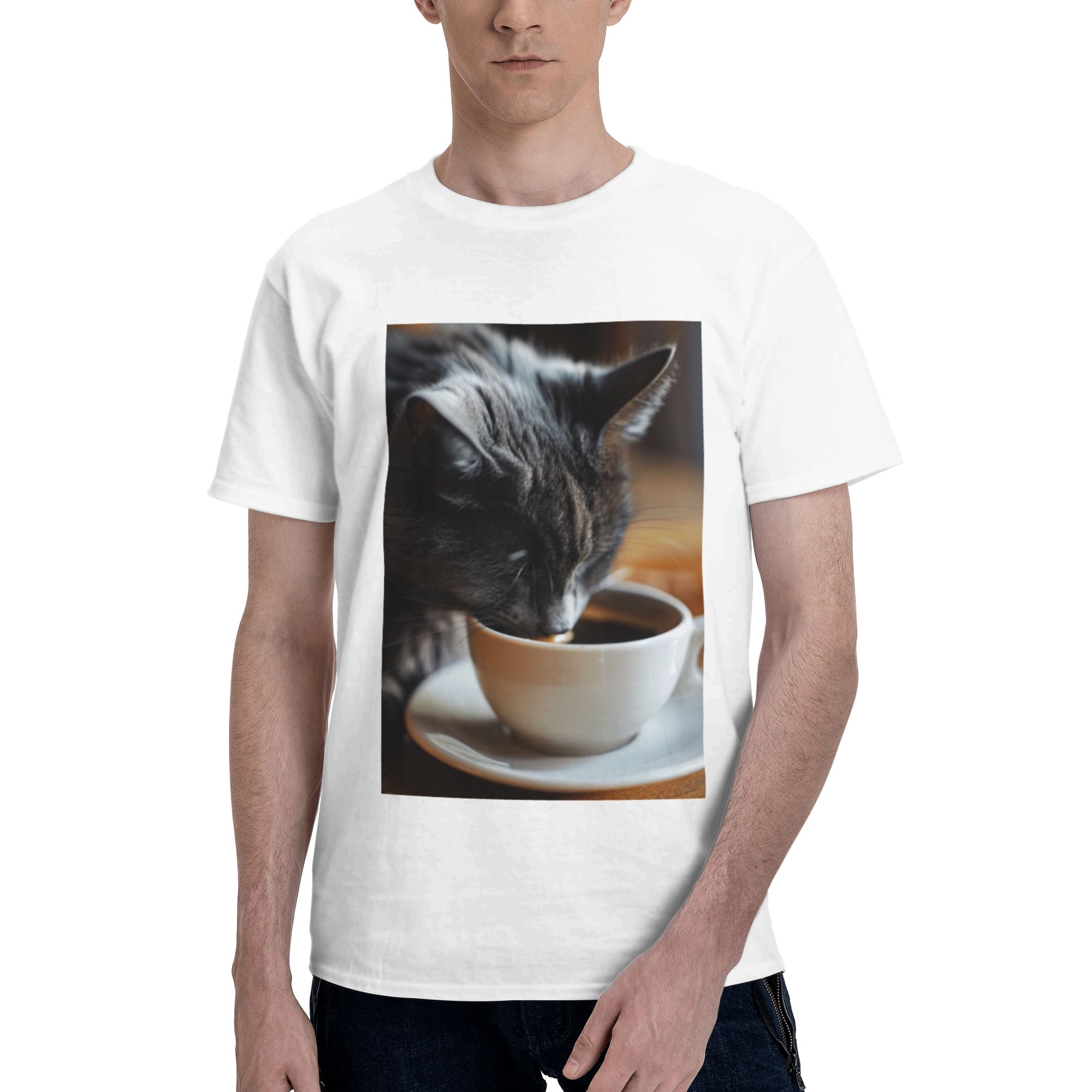 Cat Cafe Time Printed Cotton Short Sleeve T-Shirt - White