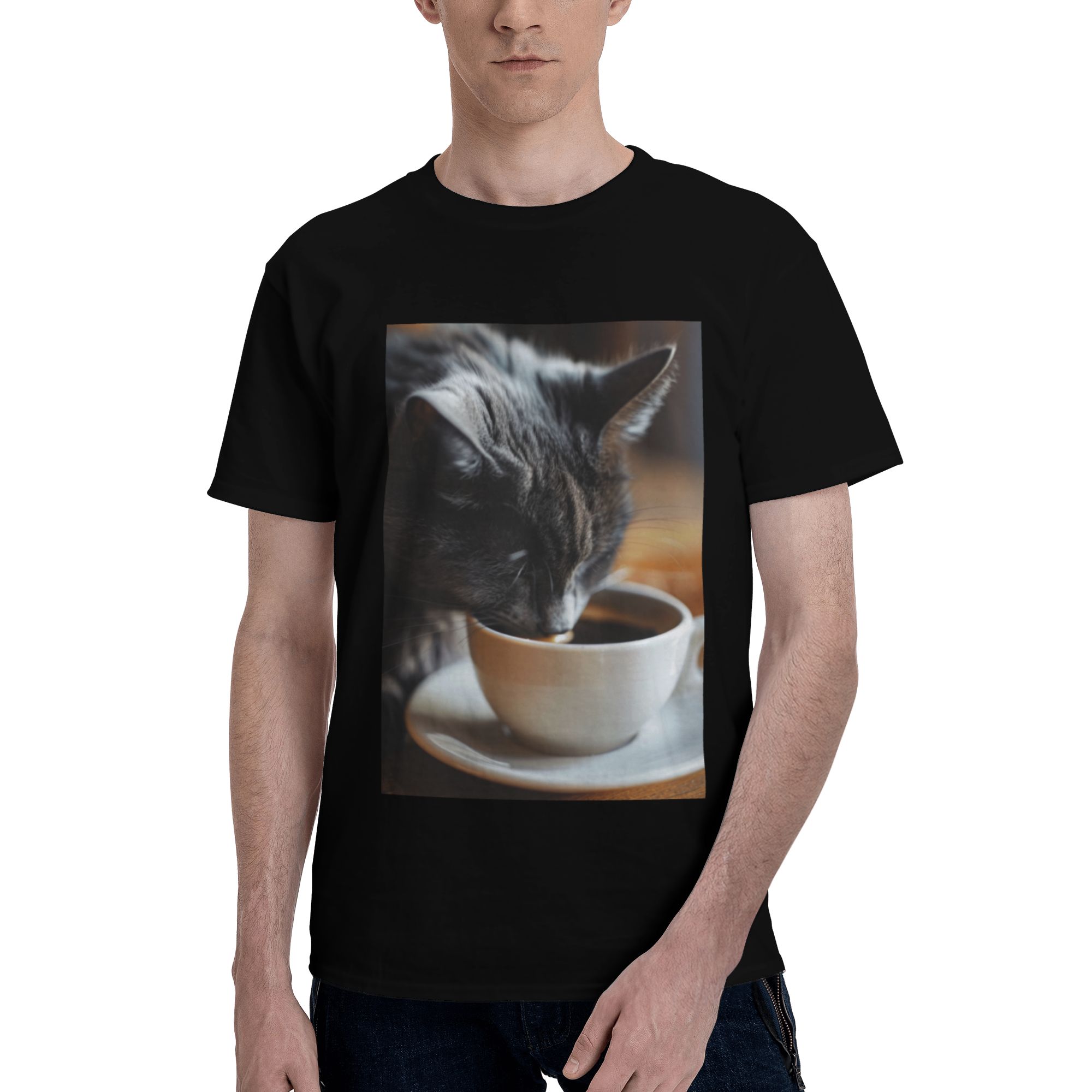 Cat Cafe Time Printed Cotton Short Sleeve T-Shirt - Black