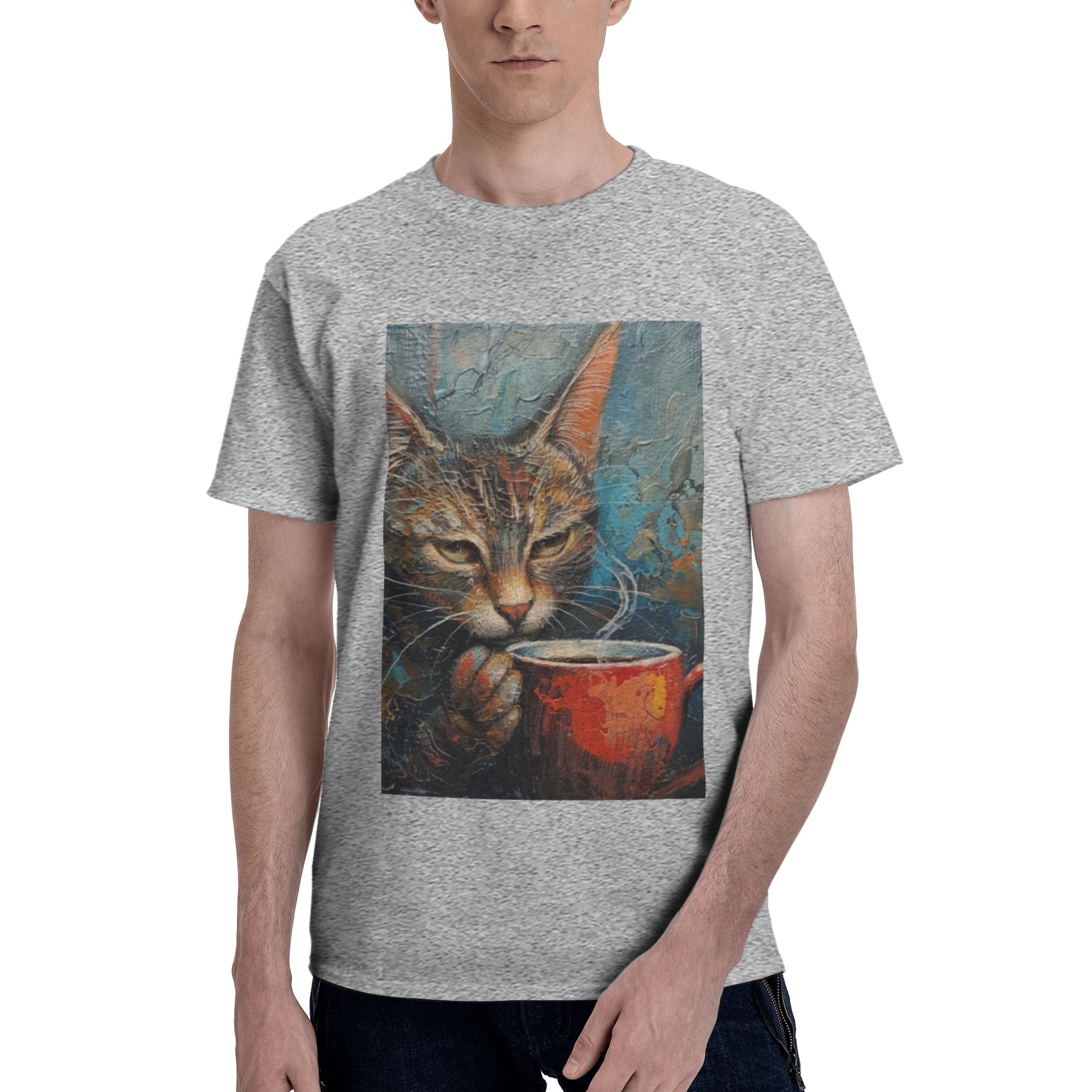 Beautifully Hand-Painted Cat Pattern Cotton T-Shirt - Gray