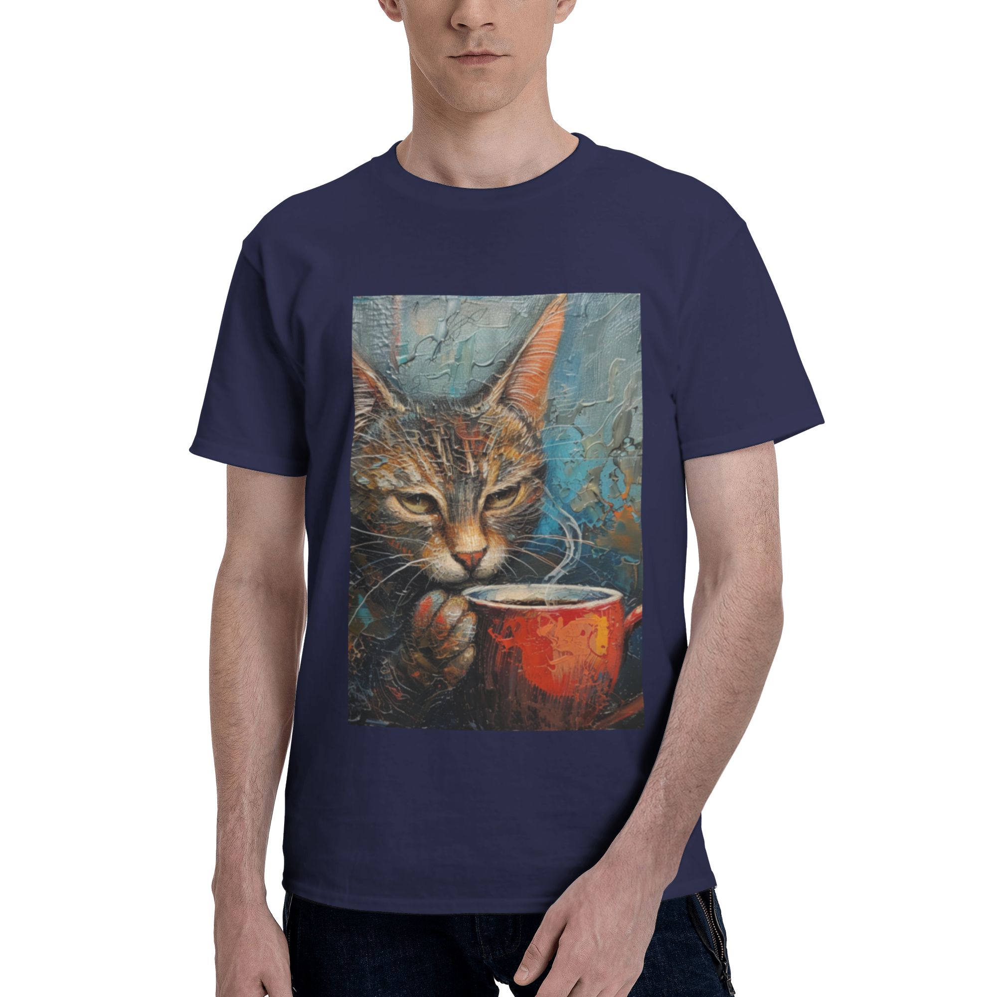 Beautifully Hand-Painted Cat Pattern Cotton T-Shirt - Navy Blue