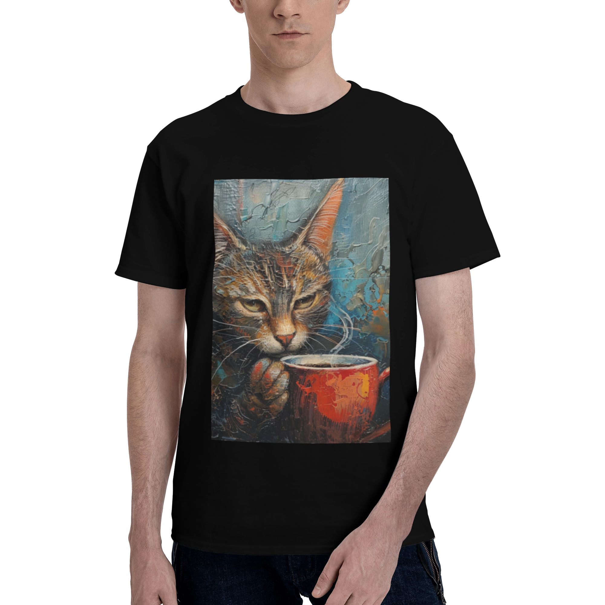 Beautifully Hand-Painted Cat Pattern Cotton T-Shirt - Black