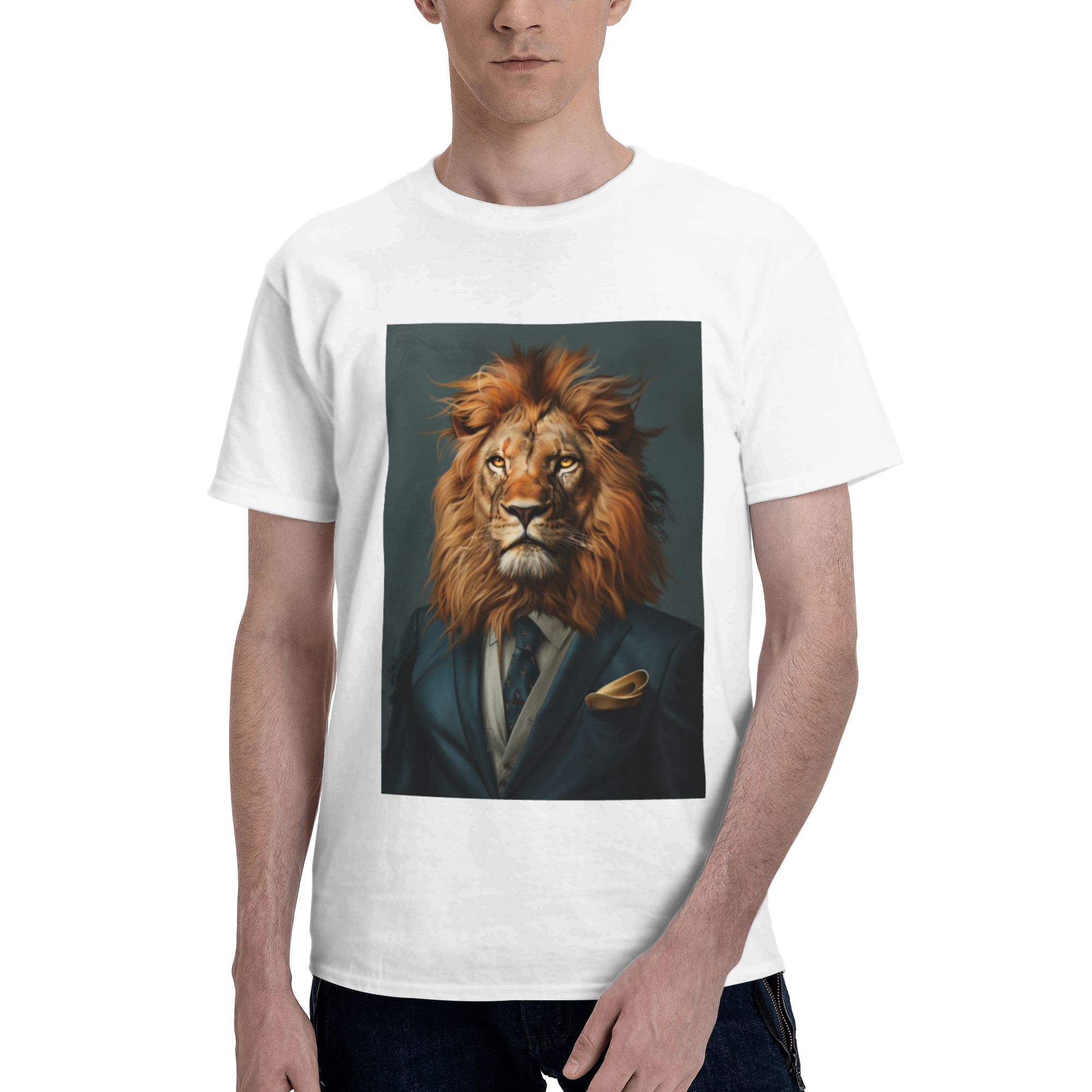 Lion Gentleman Hand-Painted Cotton T-Shirt - White